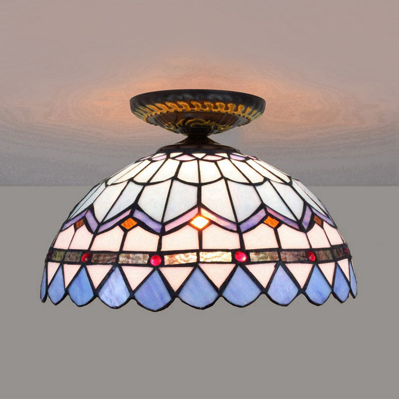 Yellow/Blue 1 Bulb Flush Mount Lighting Tiffany Hand Rolled Art Glass Floral Close to Ceiling Light, 12