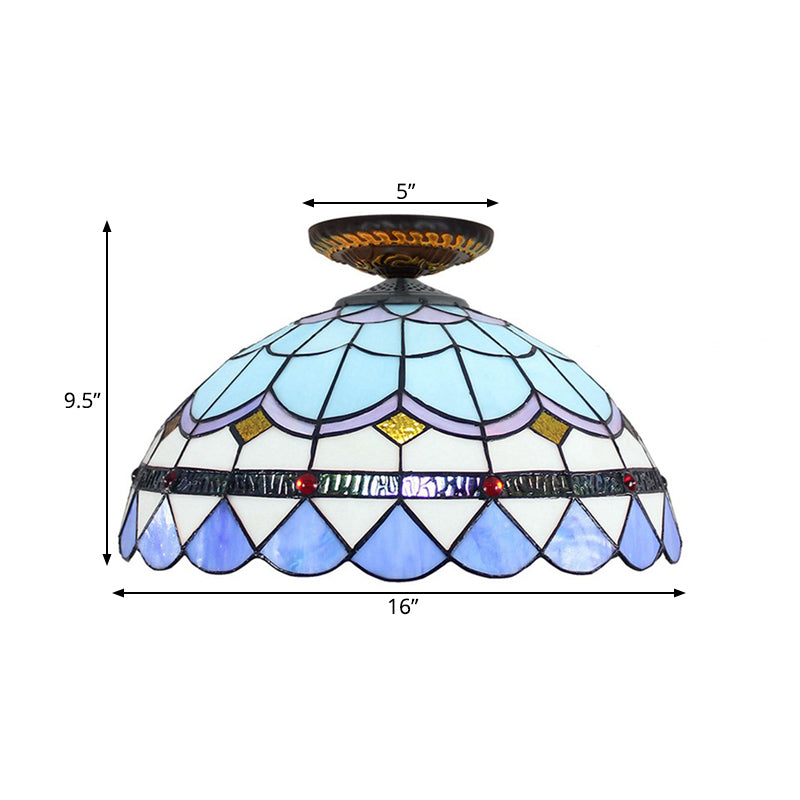 Yellow/Blue 1 Bulb Flush Mount Lighting Tiffany Hand Rolled Art Glass Floral Close to Ceiling Light, 12