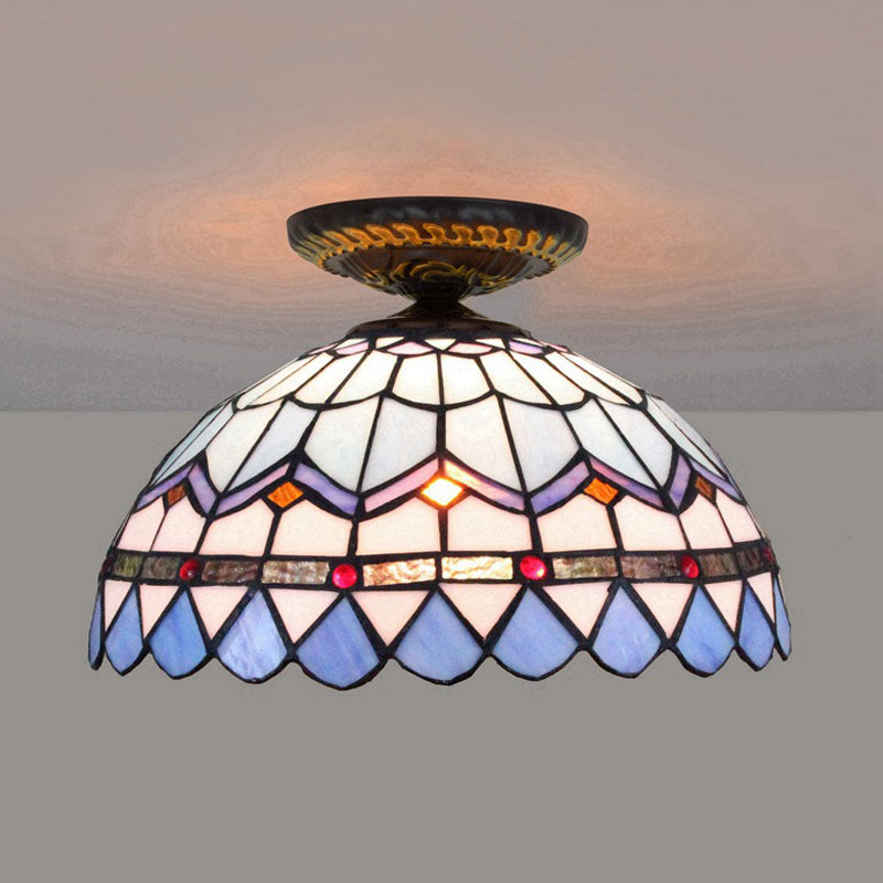 Yellow/Blue 1 Bulb Flush Mount Lighting Tiffany Hand Rolled Art Glass Floral Close to Ceiling Light, 12