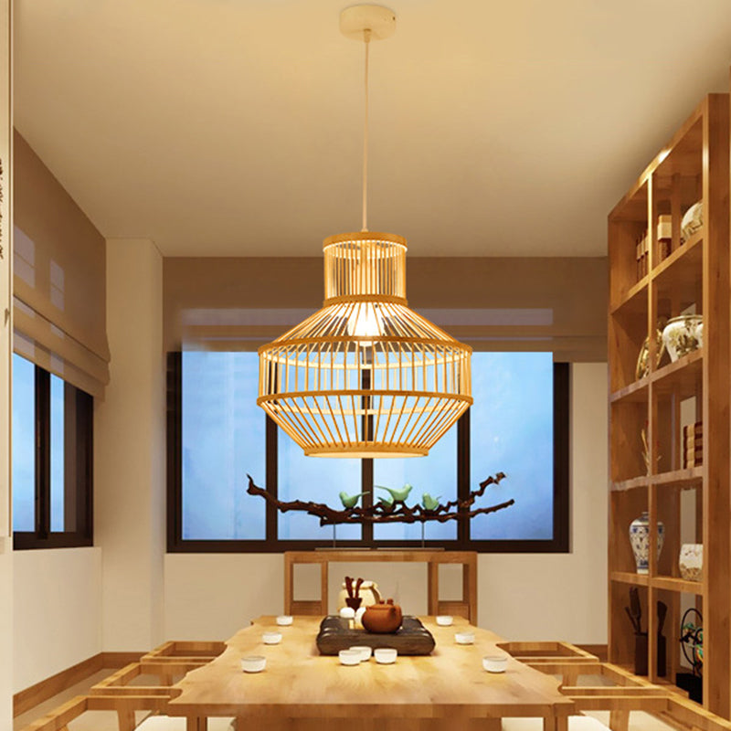 1 Light Dining Room Drop Pendant Modern Beige Ceiling Lamp with Round Bamboo Shade Clearhalo 'Ceiling Lights' 'Pendant Lights' 'Pendants' Lighting' 297874