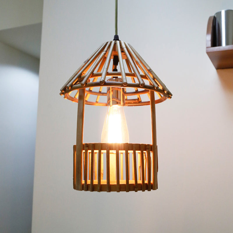 Pavilion Shaped Pendant Lamp Asia Bamboo 1 Light Dining Room Hanging Lamp Kit in Wood Clearhalo 'Ceiling Lights' 'Modern Pendants' 'Modern' 'Pendant Lights' 'Pendants' Lighting' 297931