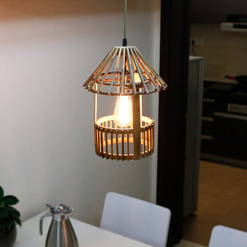 Pavilion Shaped Pendant Lamp Asia Bamboo 1 Light Dining Room Hanging Lamp Kit in Wood Clearhalo 'Ceiling Lights' 'Modern Pendants' 'Modern' 'Pendant Lights' 'Pendants' Lighting' 297932