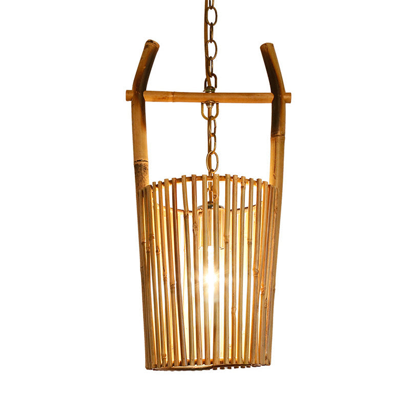 Beige Barrel Suspension Pendant Light Modern 1 Light Bamboo Hanging Lamp Clearhalo 'Ceiling Lights' 'Modern Pendants' 'Modern' 'Pendant Lights' 'Pendants' Lighting' 297945