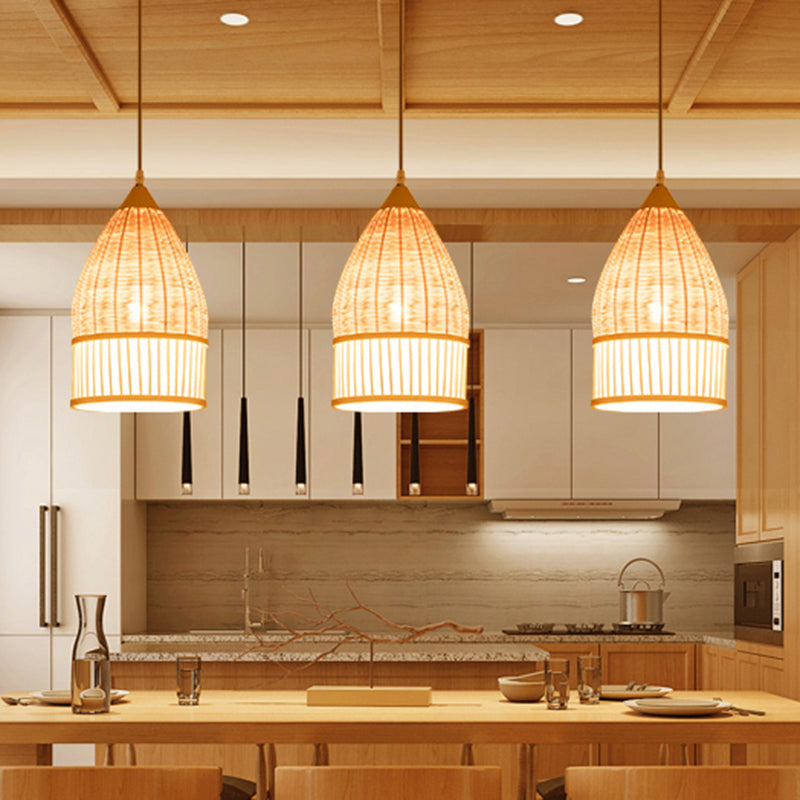 1 Light Dining Room Pendant Lamp Asia Beige Ceiling Light with Elongated Bamboo Shade Clearhalo 'Ceiling Lights' 'Modern Pendants' 'Modern' 'Pendant Lights' 'Pendants' Lighting' 298078