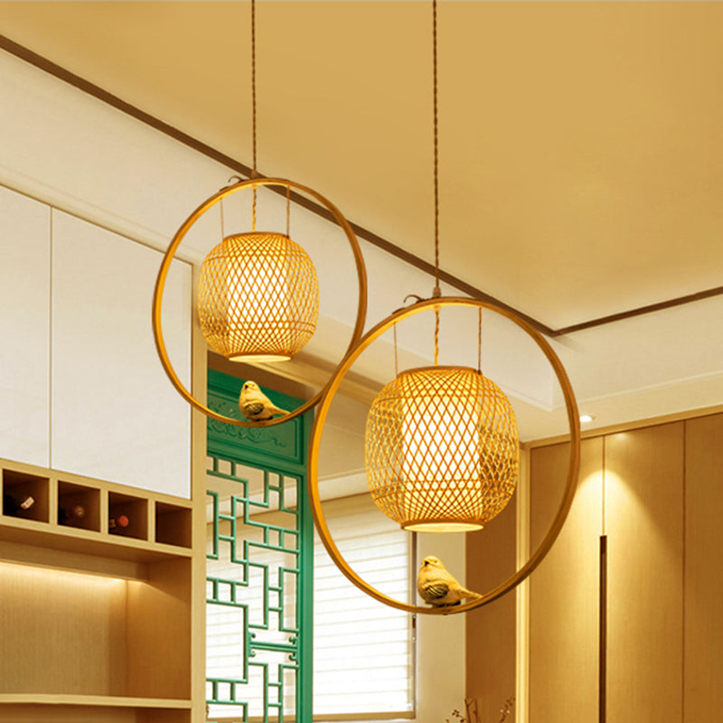 Modern Globe Bamboo Ceiling Light 1 Light Hanging Lamp Kit in Beige with Bird Deco Beige Clearhalo 'Ceiling Lights' 'Modern Pendants' 'Modern' 'Pendant Lights' 'Pendants' Lighting' 298085