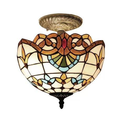 Bedroom Ceiling Light Glass, 2 Lights Domed Semi Flush Mount Light with Jewel Decoration Baroque Style Clearhalo 'Ceiling Lights' 'Close To Ceiling Lights' 'Close to ceiling' 'Glass shade' 'Glass' 'Pendant Lights' 'Semi-flushmount' 'Tiffany close to ceiling' 'Tiffany' Lighting' 3013