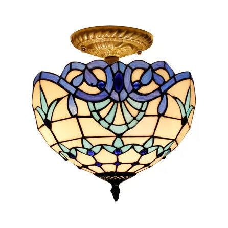 Bedroom Ceiling Light Glass, 2 Lights Domed Semi Flush Mount Light with Jewel Decoration Baroque Style Clearhalo 'Ceiling Lights' 'Close To Ceiling Lights' 'Close to ceiling' 'Glass shade' 'Glass' 'Pendant Lights' 'Semi-flushmount' 'Tiffany close to ceiling' 'Tiffany' Lighting' 3015