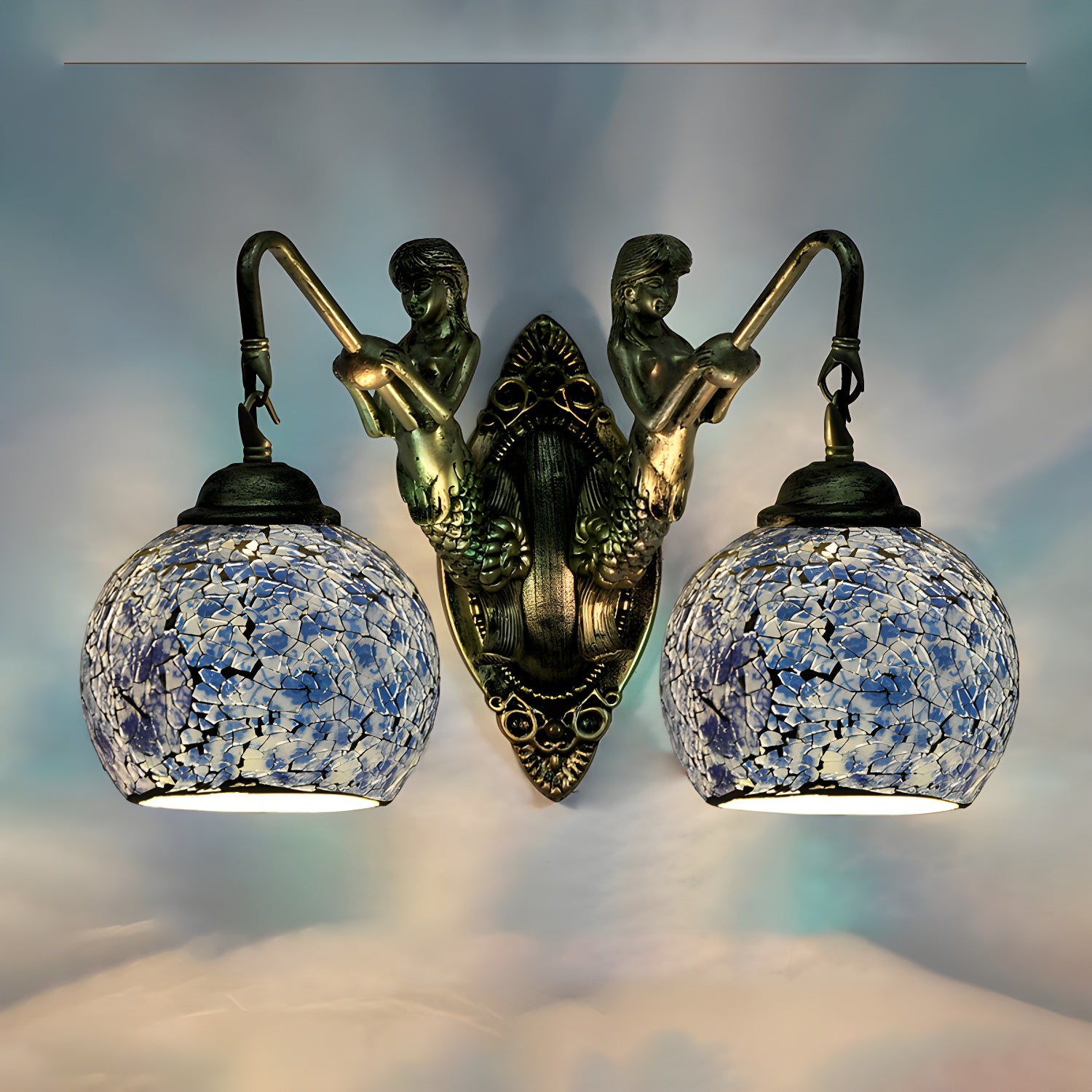 Mermaid Wall Lighting Idea 2 Lights Hand Cut Glass Baroque Sconce Light in White/Yellow/Orange for Living Room Blue Clearhalo 'Industrial' 'Middle century wall lights' 'Tiffany wall lights' 'Tiffany' 'Wall Lamps & Sconces' 'Wall Lights' Lighting' 303043