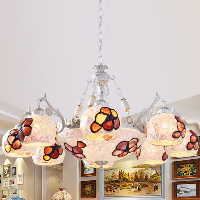 Flower Chandelier Lighting Fixture Tiffany Stained Art Glass 5/9/11 Lights White Ceiling Pendant 11 White Clearhalo 'Ceiling Lights' 'Chandeliers' 'Industrial' 'Middle Century Chandeliers' 'Tiffany Chandeliers' 'Tiffany close to ceiling' 'Tiffany' Lighting' 303288