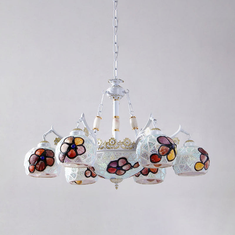 Flower Chandelier Lighting Fixture Tiffany Stained Art Glass 5/9/11 Lights White Ceiling Pendant 9 White Clearhalo 'Ceiling Lights' 'Chandeliers' 'Industrial' 'Middle Century Chandeliers' 'Tiffany Chandeliers' 'Tiffany close to ceiling' 'Tiffany' Lighting' 303293