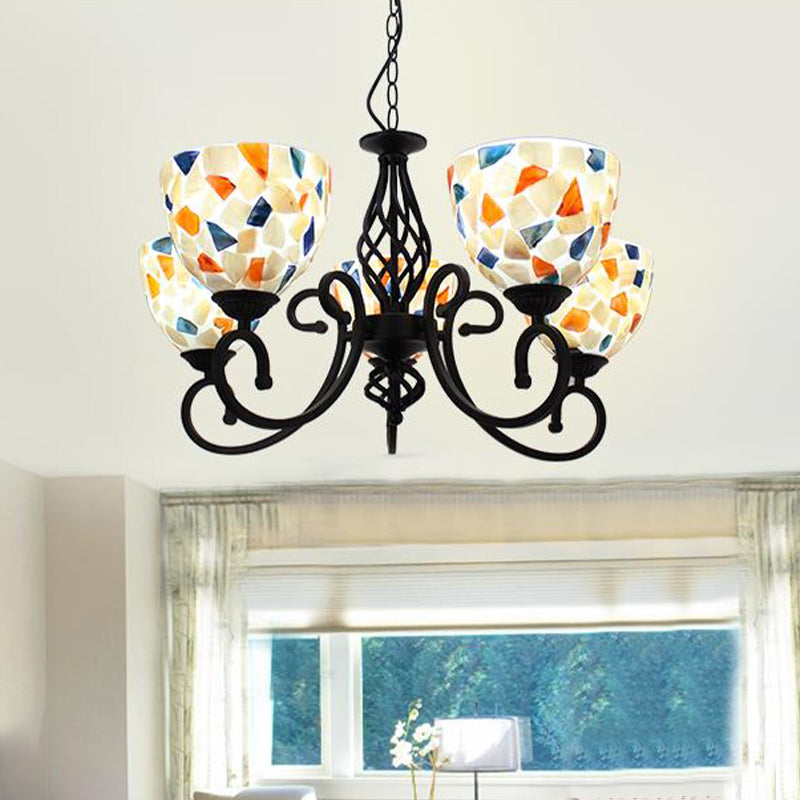 Dome Shell Chandelier Light Mediterranean 5/6/8 Lights Beige Hanging Lamp Kit for Bedroom 5 Beige Clearhalo 'Ceiling Lights' 'Chandeliers' 'Industrial' 'Middle Century Chandeliers' 'Tiffany Chandeliers' 'Tiffany close to ceiling' 'Tiffany' Lighting' 303342