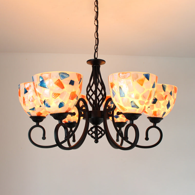 Dome Shell Chandelier Light Mediterranean 5/6/8 Lights Beige Hanging Lamp Kit for Bedroom 6 Beige Clearhalo 'Ceiling Lights' 'Chandeliers' 'Industrial' 'Middle Century Chandeliers' 'Tiffany Chandeliers' 'Tiffany close to ceiling' 'Tiffany' Lighting' 303347