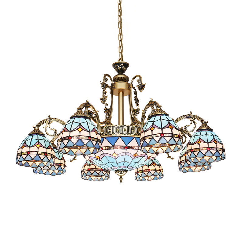 9/11 Lights Chandelier Lighting Fixture Mediterranean Dome Stained Glass Hanging Lamp in Blue Clearhalo 'Ceiling Lights' 'Chandeliers' 'Industrial' 'Middle Century Chandeliers' 'Tiffany Chandeliers' 'Tiffany close to ceiling' 'Tiffany' Lighting' 303394