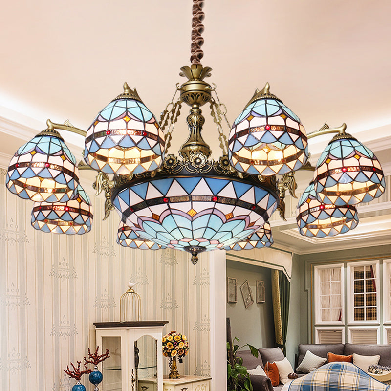 Blue 5/9/11 Lights Chandelier Light Fixture Tiffany Cut Glass Domed Shade Suspension Pendant Clearhalo 'Ceiling Lights' 'Chandeliers' 'Industrial' 'Middle Century Chandeliers' 'Tiffany Chandeliers' 'Tiffany close to ceiling' 'Tiffany' Lighting' 303398