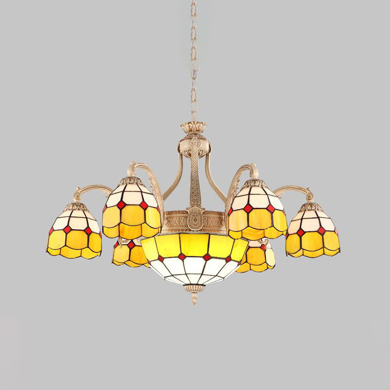 Yellow/Blue Grid Patterned Chandelier Lighting Baroque 9/11 Lights Hand Cut Glass Pendant Lamp for Bedroom Clearhalo 'Ceiling Lights' 'Chandeliers' 'Industrial' 'Middle Century Chandeliers' 'Pendant Lights' 'Tiffany Chandeliers' 'Tiffany close to ceiling' 'Tiffany' Lighting' 303420