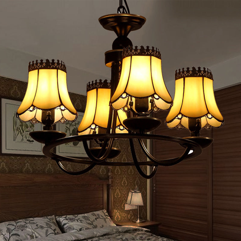 Baroque Bell Shade Chandelier Light Fixture 4/6/8 Lights Beige Glass Hanging Lamp Kit in Black 4 Beige Clearhalo 'Ceiling Lights' 'Chandeliers' 'Industrial' 'Middle Century Chandeliers' 'Tiffany Chandeliers' 'Tiffany close to ceiling' 'Tiffany' Lighting' 303428