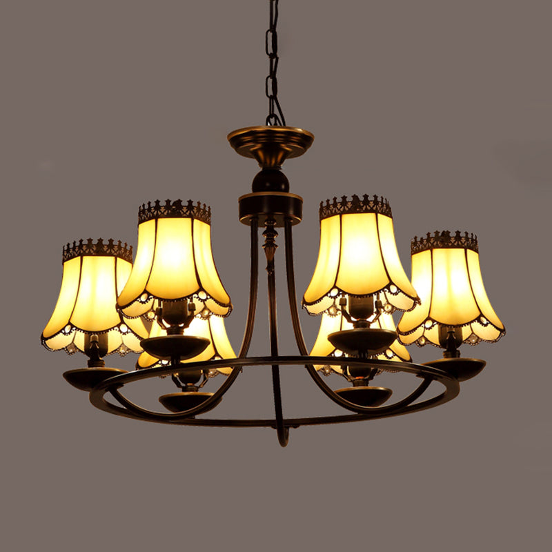 Baroque Bell Shade Chandelier Light Fixture 4/6/8 Lights Beige Glass Hanging Lamp Kit in Black 6 Beige Clearhalo 'Ceiling Lights' 'Chandeliers' 'Industrial' 'Middle Century Chandeliers' 'Tiffany Chandeliers' 'Tiffany close to ceiling' 'Tiffany' Lighting' 303430