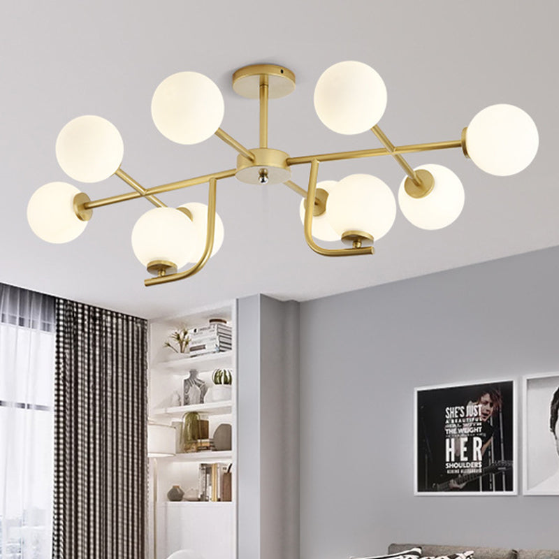 Gold Round Semi Flush Light Modernist 10 Bulbs White Glass Close to Ceiling Lighting Gold Clearhalo 'Ceiling Lights' 'Chandeliers' 'Close To Ceiling Lights' 'Close to ceiling' 'Glass shade' 'Glass' 'Semi-flushmount' Lighting' 303668