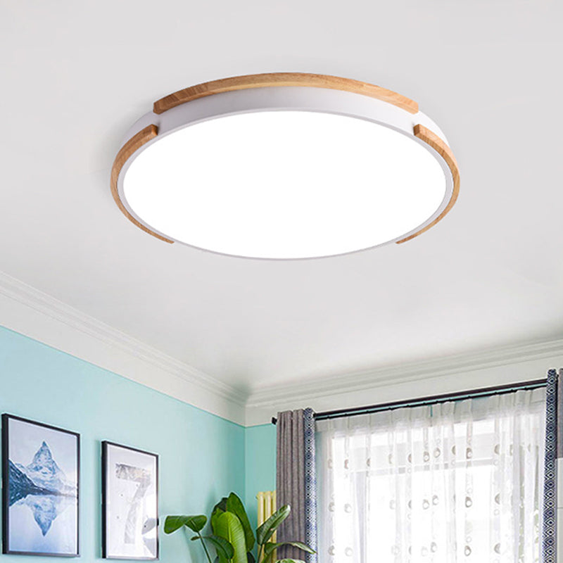 White Round Flush Mount Light Fixture Modern Style Wood LED Ceiling Lamp with Acrylic Diffuser for Living Room, 12.5