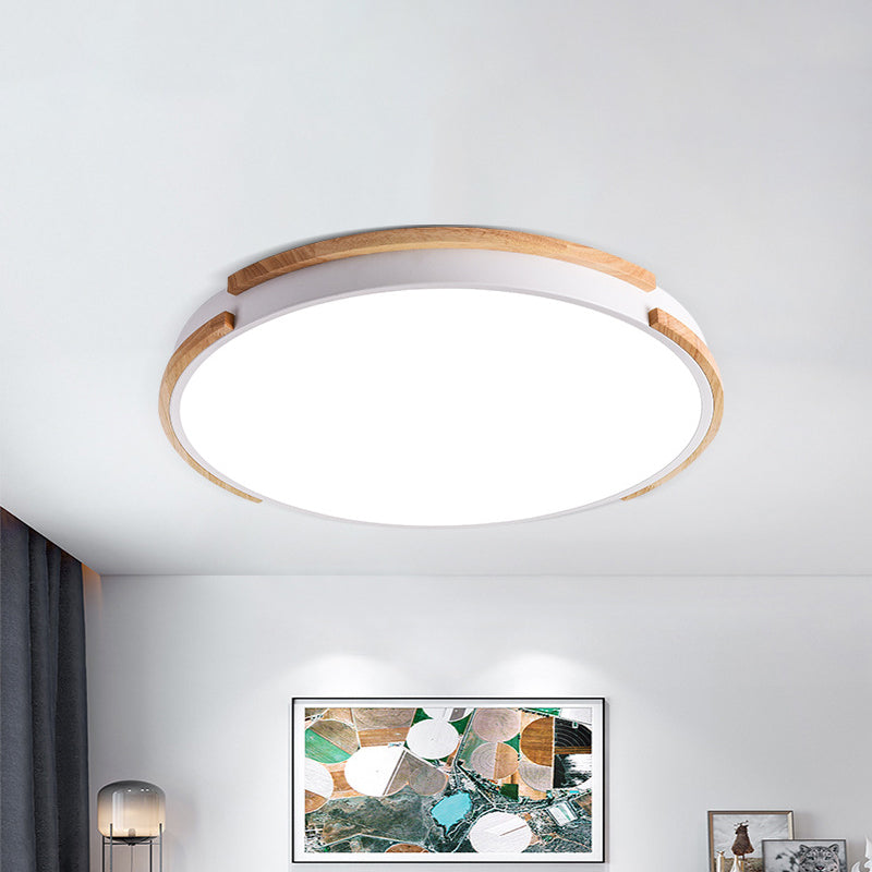 White Round Flush Mount Light Fixture Modern Style Wood LED Ceiling Lamp with Acrylic Diffuser for Living Room, 12.5