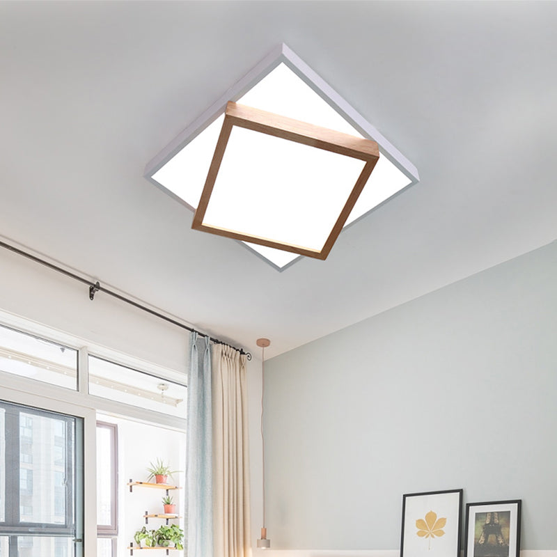 White/Grey 2-Tier Square Flush Lamp Modernism Wood LED Ceiling Flush Mount Light for Living Room in White/Warm Light Clearhalo 'Ceiling Lights' 'Close To Ceiling Lights' 'Close to ceiling' 'Flush mount' Lighting' 313305