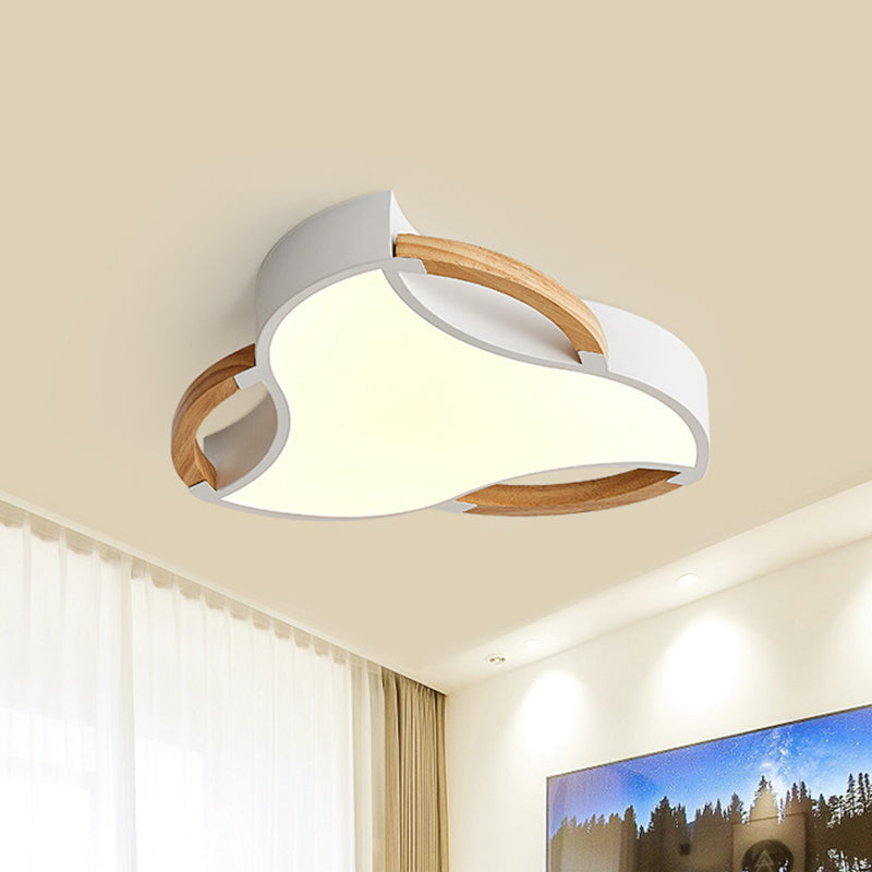 White Windmill Flush Ceiling Light Fixture Modern LED Wood Flush Mount Lamp in White/Natural Light, 16