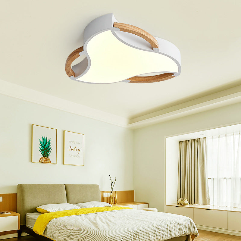 White Windmill Flush Ceiling Light Fixture Modern LED Wood Flush Mount Lamp in White/Natural Light, 16