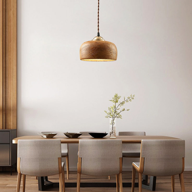 Brown Drum Ceiling Lighting Modernist 1 Bulb Wood Hanging Light Fixture for Dining Room Clearhalo 'Ceiling Lights' 'Pendant Lights' 'Pendants' Lighting' 313376