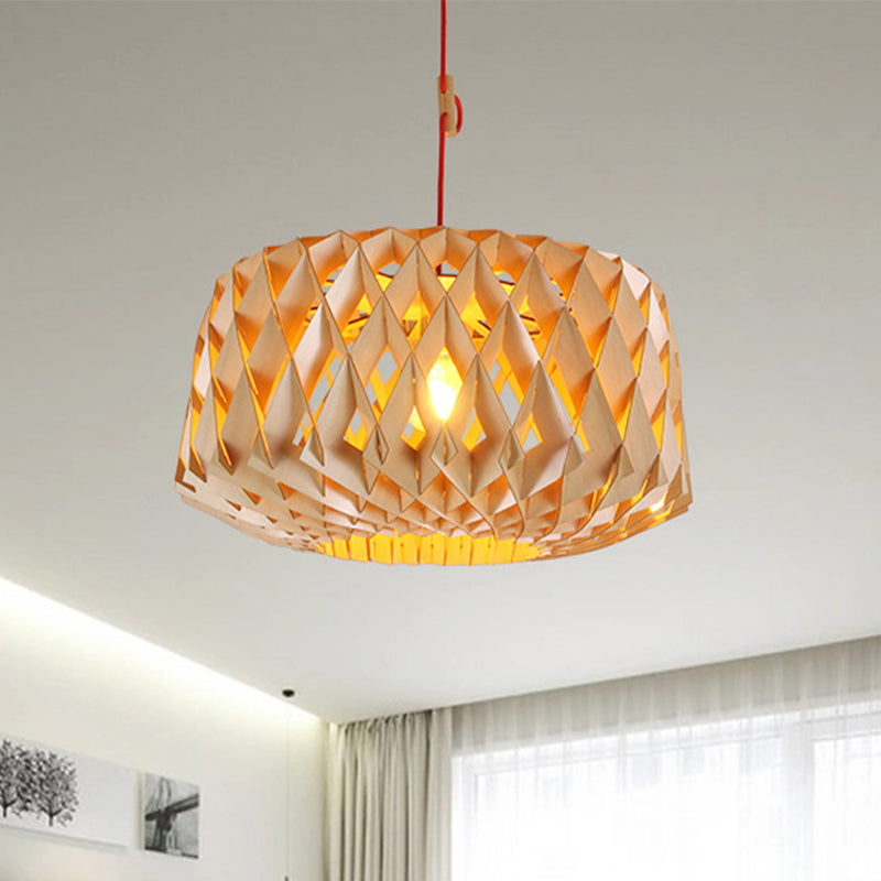 Laser Cut Hanging Light Japanese Wood 1 Head Beige Ceiling Suspension Lamp, 14