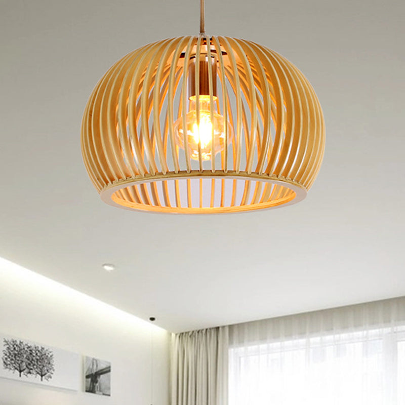 Domed Hanging Lamp Japanese Wood 1 Head Beige Ceiling Pendant Light for Living Room, 13