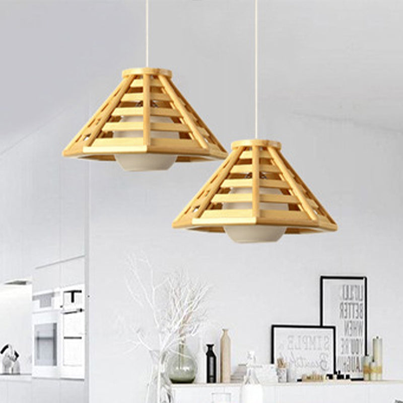 Beige Tapered Pendant Light South-East Asia 1 Bulb Wood Ceiling Suspension Lamp with Globe White Glass Shade Clearhalo 'Ceiling Lights' 'Pendant Lights' 'Pendants' Lighting' 313469