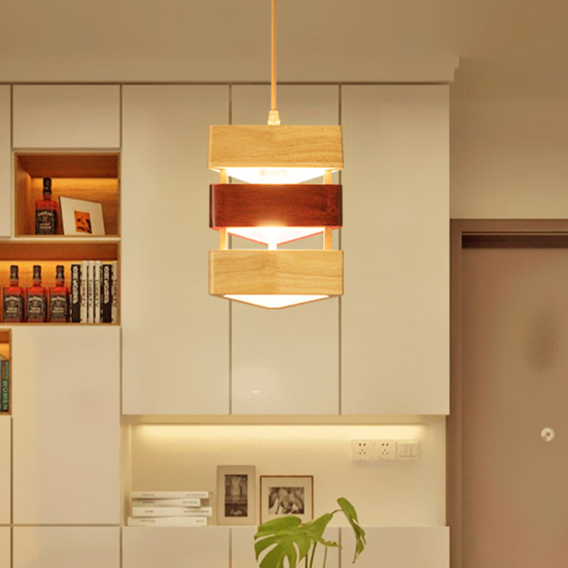 Asian 1 Head Ceiling Lamp Beige Triangular Suspension Pendant Light with Wood Shade Clearhalo 'Ceiling Lights' 'Pendant Lights' 'Pendants' Lighting' 313494