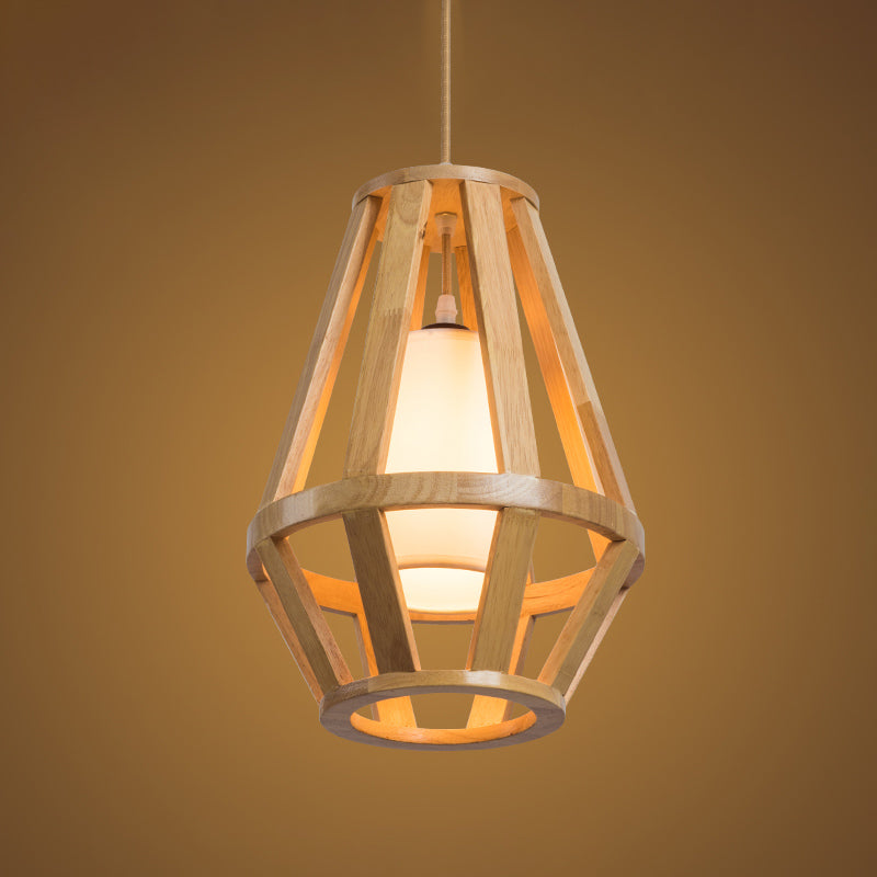 Asian Cage Pendant Light Wood 1 Bulb Suspended Lighting Fixuture in Beige with Inner Cylinder White Shade Clearhalo 'Ceiling Lights' 'Pendant Lights' 'Pendants' Lighting' 313530