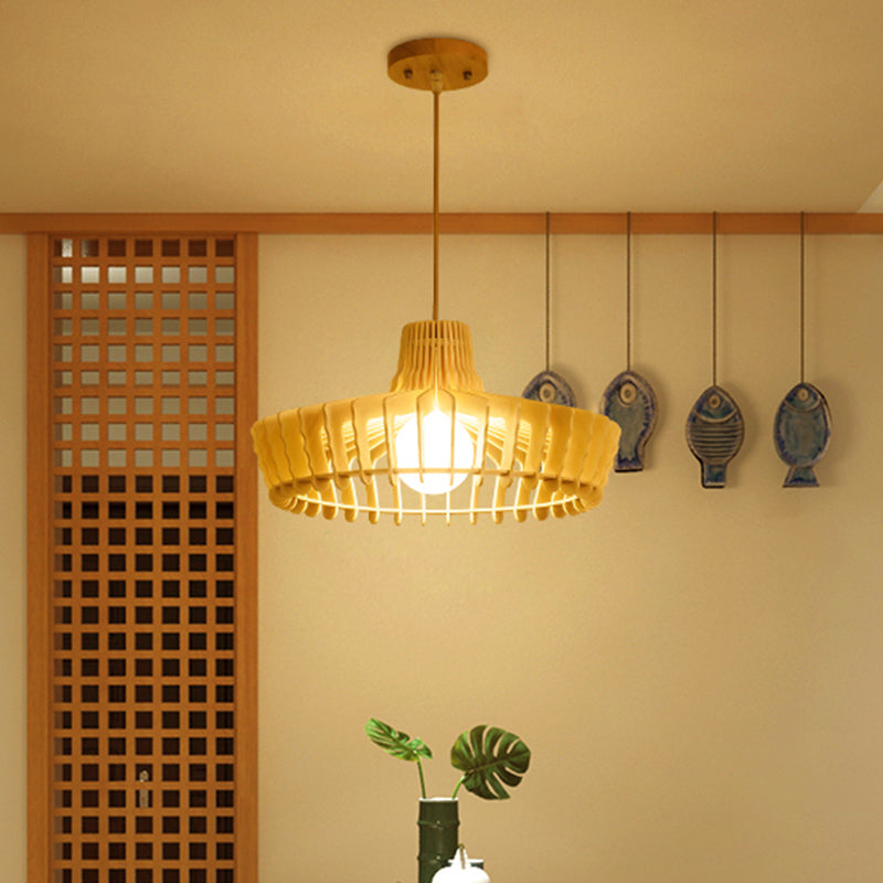 South-East Asia Hat Hanging Lamp Wood 1 Bulb Ceiling Pendant Light in Beige for Restaurant Wood Clearhalo 'Ceiling Lights' 'Pendant Lights' 'Pendants' Lighting' 313535_e7348c7b-c75c-4bb2-8809-5a870057b60e