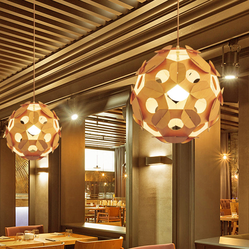 1 Bulb Restaurant Ceiling Lamp Modernism Beige Hanging Light Fixture with Ball Wood Shade Wood Clearhalo 'Ceiling Lights' 'Pendant Lights' 'Pendants' Lighting' 313550_af2d49cb-577e-42cf-a227-2c54c8d3b553