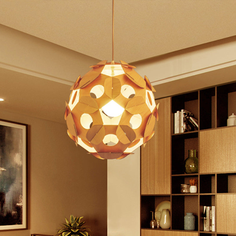 1 Bulb Restaurant Ceiling Lamp Modernism Beige Hanging Light Fixture with Ball Wood Shade Clearhalo 'Ceiling Lights' 'Pendant Lights' 'Pendants' Lighting' 313551