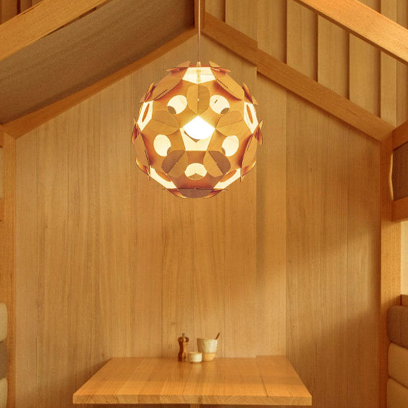 1 Bulb Restaurant Ceiling Lamp Modernism Beige Hanging Light Fixture with Ball Wood Shade Clearhalo 'Ceiling Lights' 'Pendant Lights' 'Pendants' Lighting' 313552