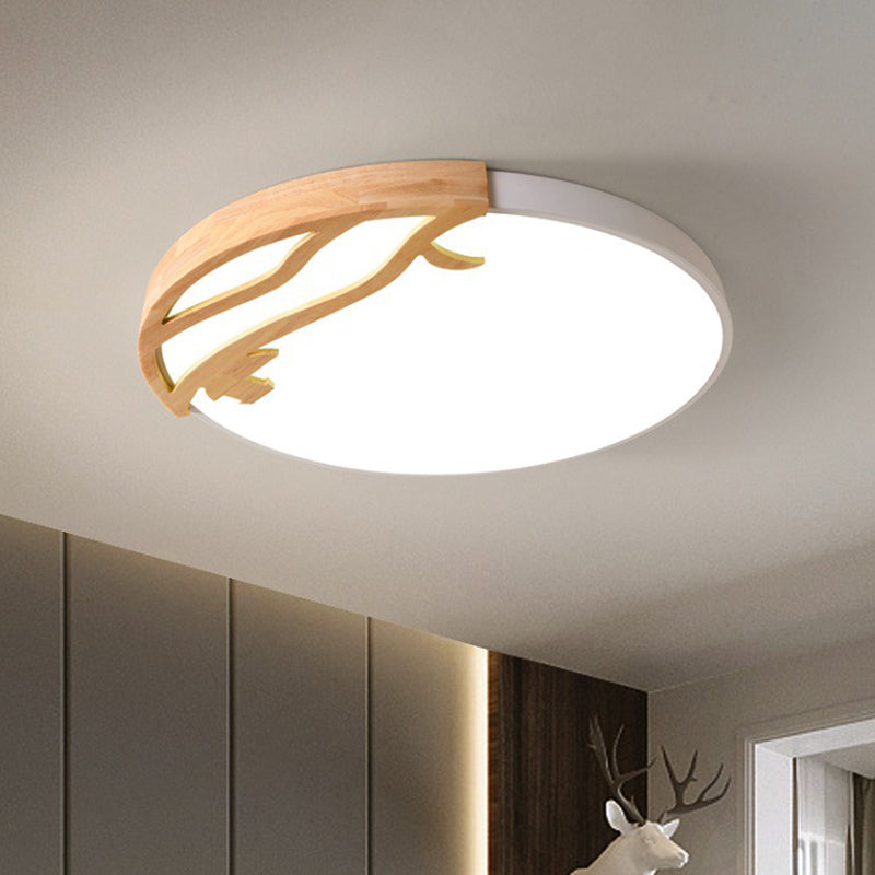 White Circular Flush Mount Lighting Modernism LED Wood Ceiling Mount Light Fixture with Acrylic Diffuser in White/Warm Light, 16