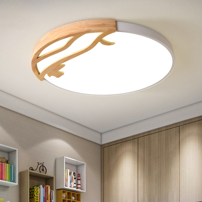 White Circular Flush Mount Lighting Modernism LED Wood Ceiling Mount Light Fixture with Acrylic Diffuser in White/Warm Light, 16