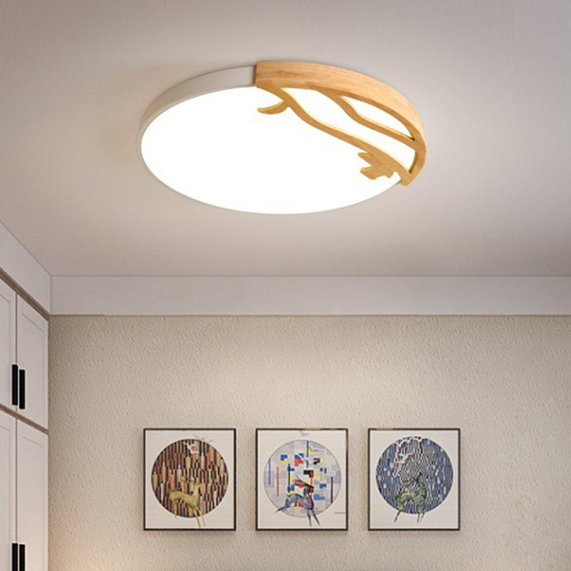 White Circular Flush Mount Lighting Modernism LED Wood Ceiling Mount Light Fixture with Acrylic Diffuser in White/Warm Light, 16