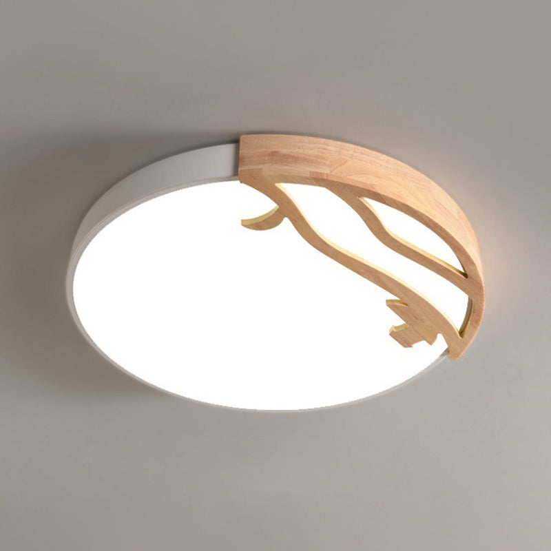 White Circular Flush Mount Lighting Modernism LED Wood Ceiling Mount Light Fixture with Acrylic Diffuser in White/Warm Light, 16