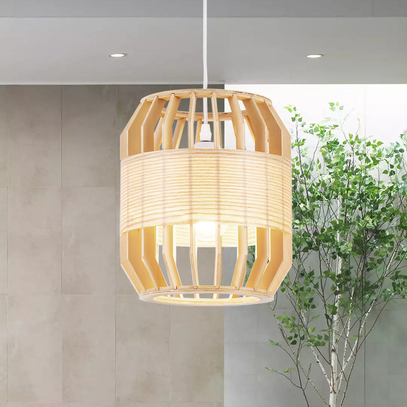 Barrel Ceiling Lamp Chinese Wood 1 Head Beige Hanging Light Fixture for Living Room, 9