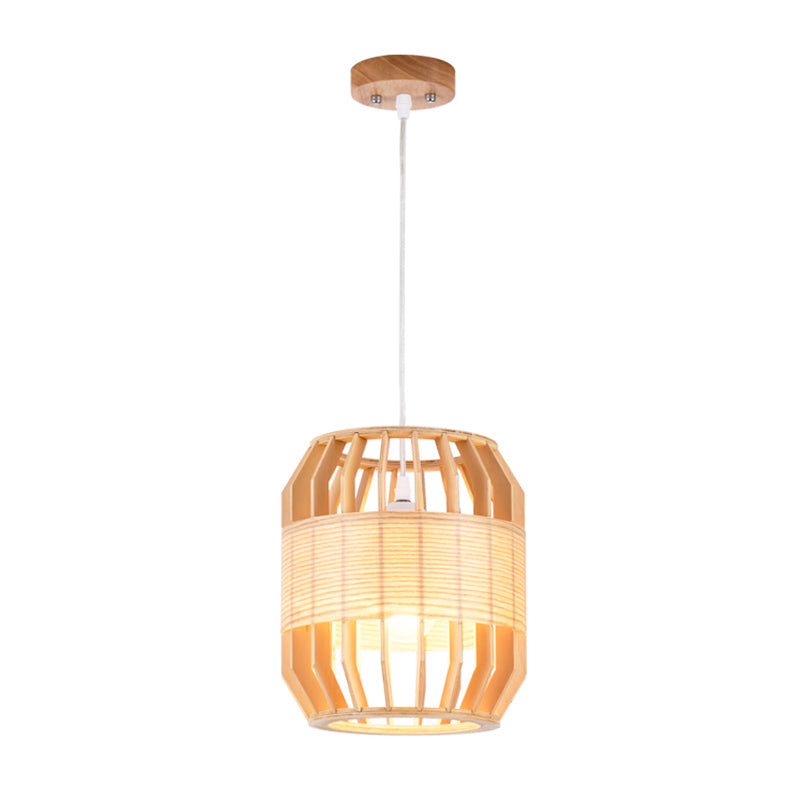 Barrel Ceiling Lamp Chinese Wood 1 Head Beige Hanging Light Fixture for Living Room, 9