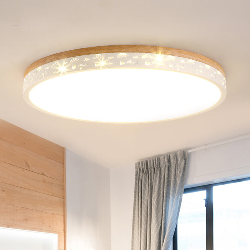 Wood Circle Flush Light Fixture Modernist LED White Ceiling Mount Lamp with Acrylic Diffuser in White/Warm Light, 12