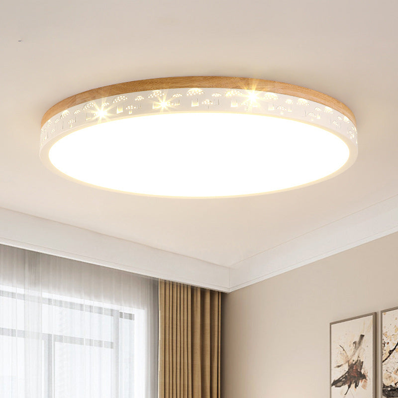 Wood Circle Flush Light Fixture Modernist LED White Ceiling Mount Lamp with Acrylic Diffuser in White/Warm Light, 12