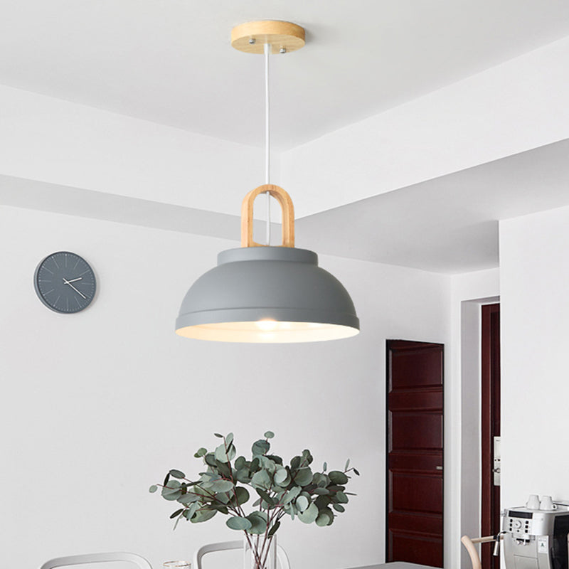 Metal Bowl Hanging Lighting Modernism 1 Bulb Ceiling Suspension Lamp in Grey/White with Wood Handle Grey Clearhalo 'Ceiling Lights' 'Modern Pendants' 'Modern' 'Pendant Lights' 'Pendants' Lighting' 313789