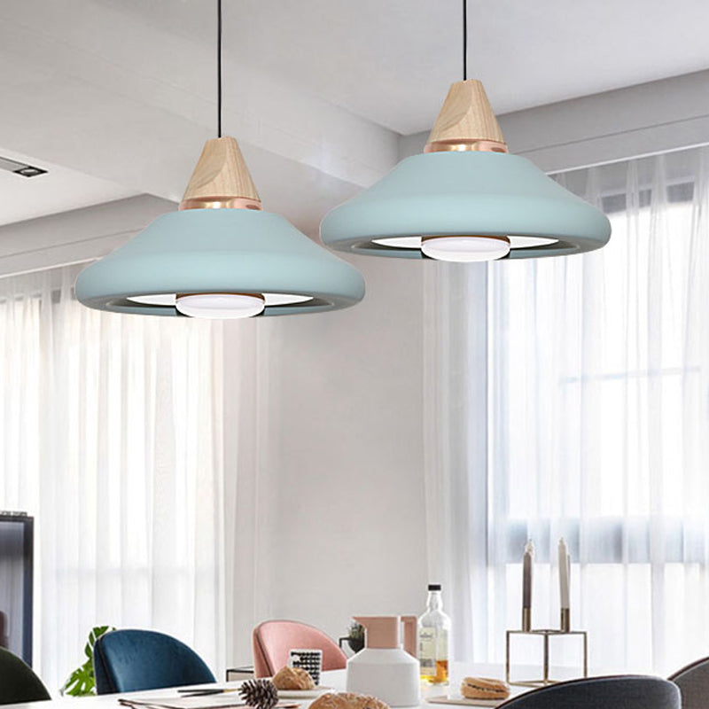 Macaron Wide Flare Down Lighting Metal 1 Bulb Pendant Light Fixture in Blue/Green with Wood Cap Clearhalo 'Ceiling Lights' 'Modern Pendants' 'Modern' 'Pendant Lights' 'Pendants' Lighting' 313852