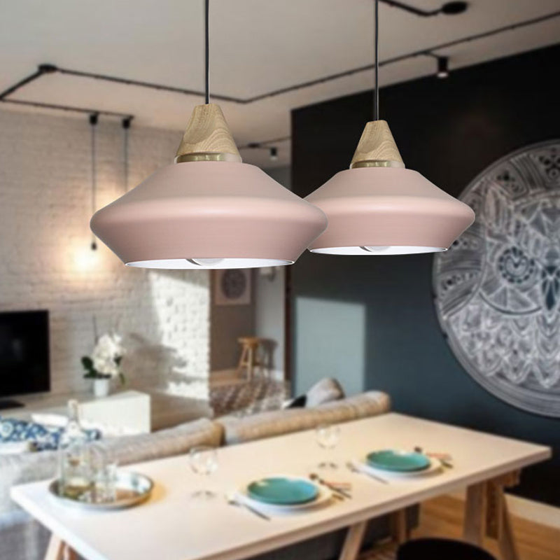 Hat Ceiling Lamp Contemporary Metal 1 Head Pink/Coffee Pendant Light Fixture with Wood Cap Pink Clearhalo 'Ceiling Lights' 'Modern Pendants' 'Modern' 'Pendant Lights' 'Pendants' Lighting' 313906