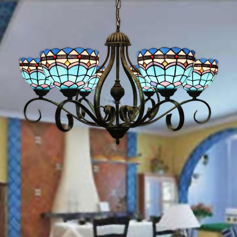 Domed Blue Stained Glass Ceiling Chandelier Mediterranean 3/6/8 Lights Bedroom Pendant Lamp in Black, 25.5