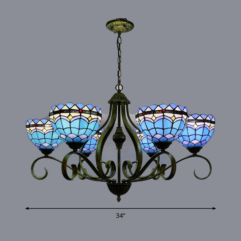 Domed Blue Stained Glass Ceiling Chandelier Mediterranean 3/6/8 Lights Bedroom Pendant Lamp in Black, 25.5